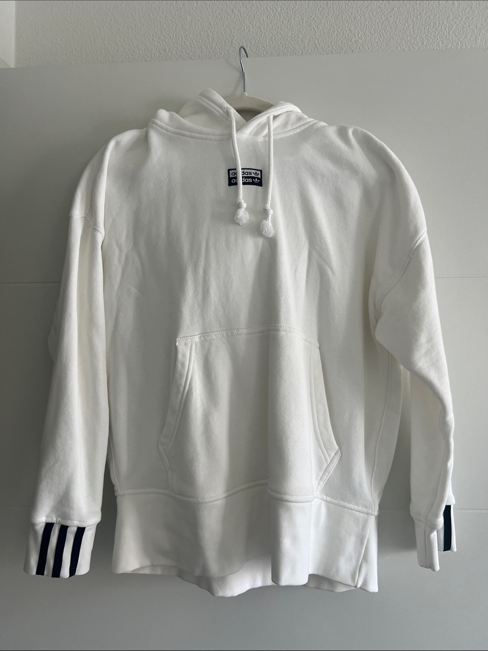 adidas White Hoodie with Striped Cuff Detail oversized size small